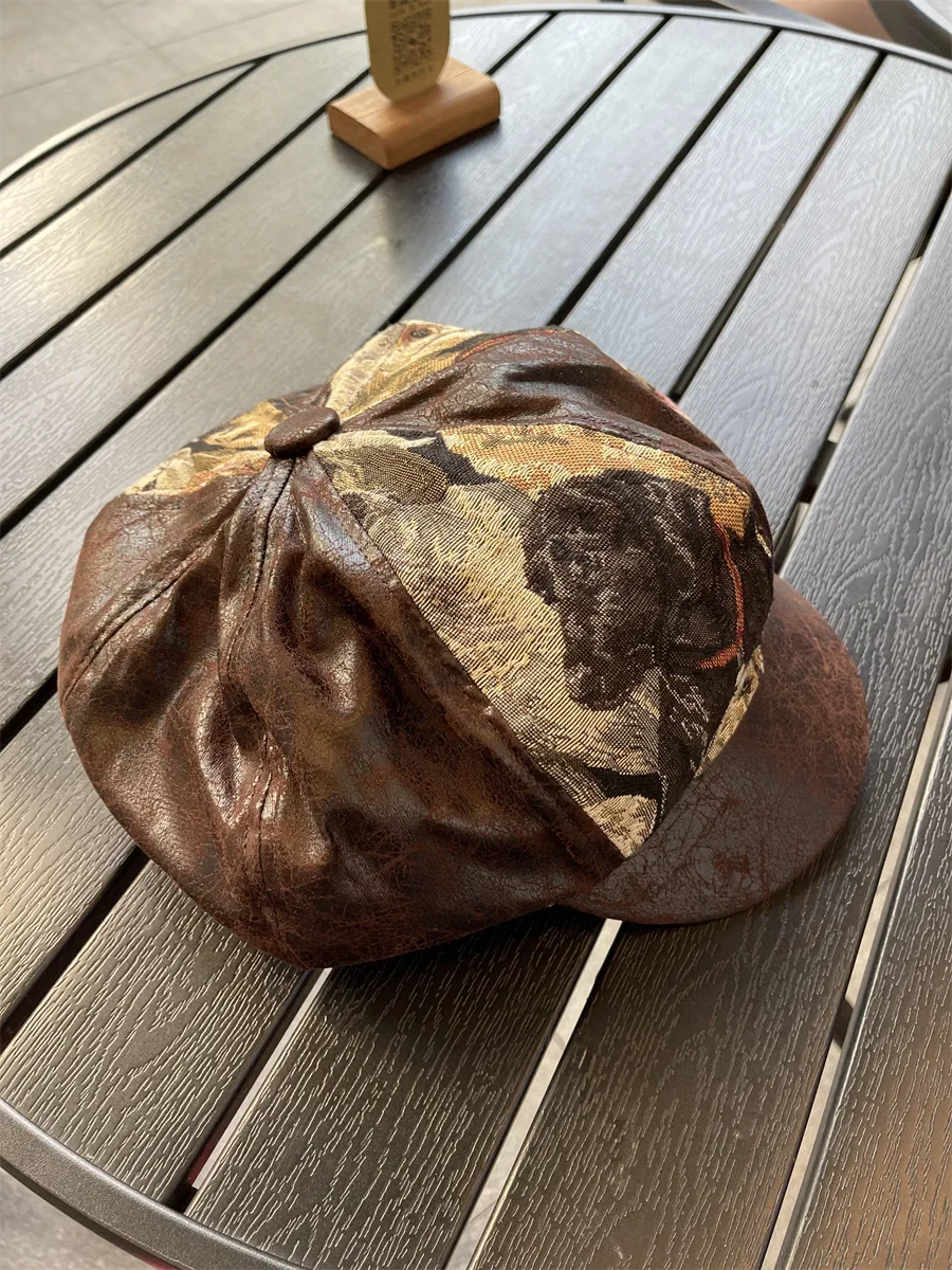 AW25 Newsboy Cap with Leather & Jacquard Panels, Vintage Drawstring Adjustment - Unisex Smart Casual