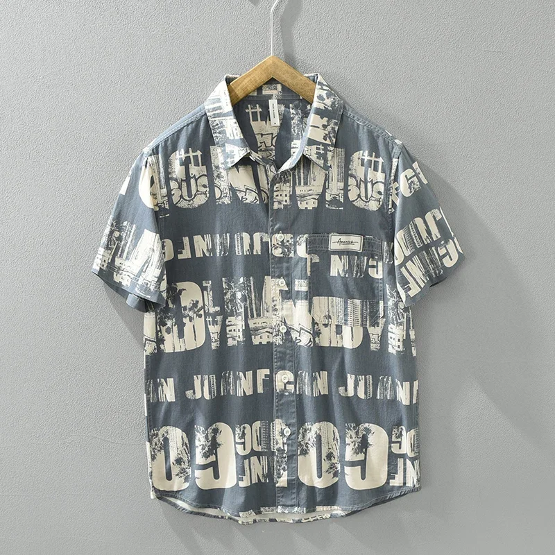 2024 Summer New Print Short Sleeve Shirts for Men Plus Size Casual Loose Cotton Shirts