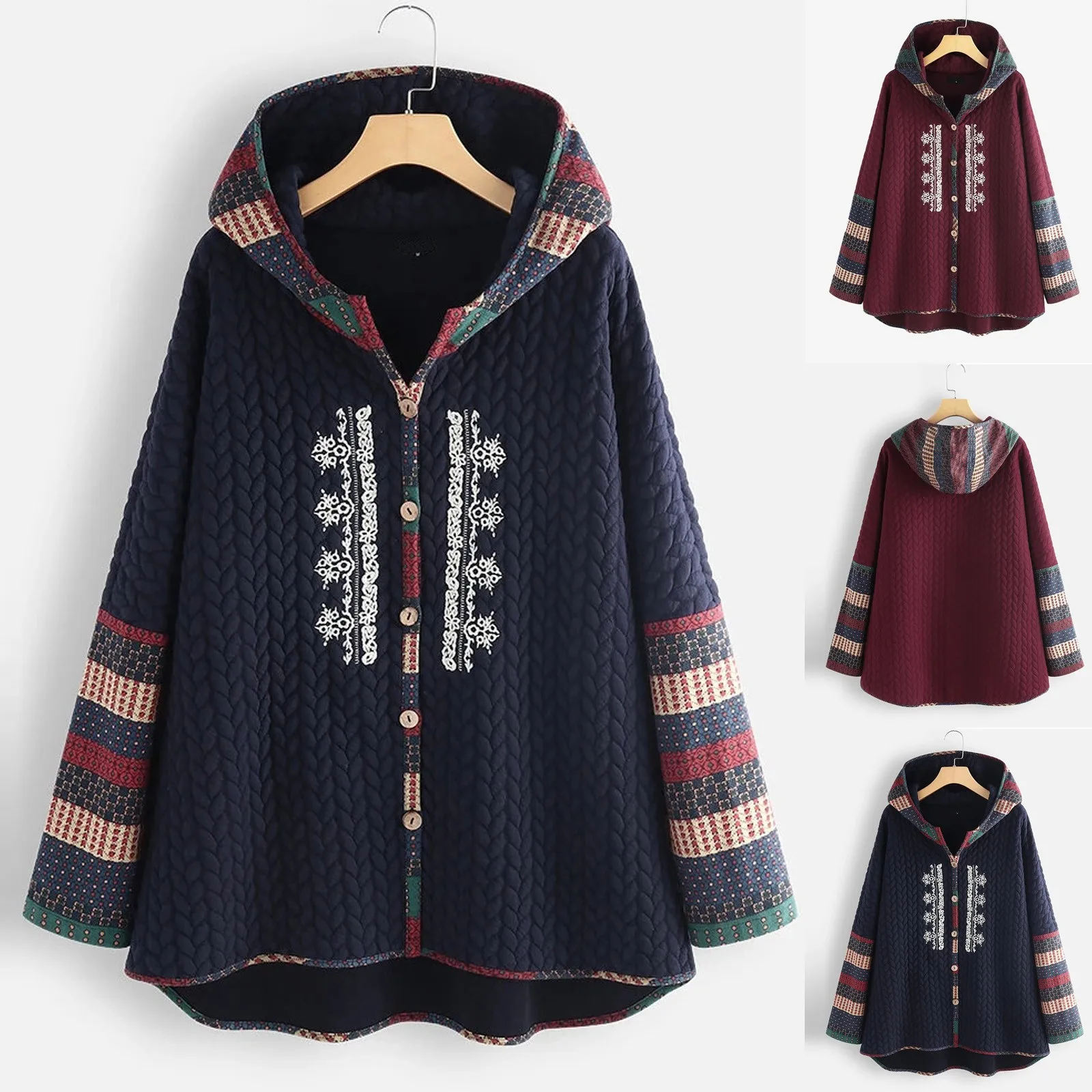 Women's Ethnic Printed Keep Warm Hoodie Outwear Long Sleeve -Breasted Female Jackets Winter Warm Coats Autumn Winter Jackets