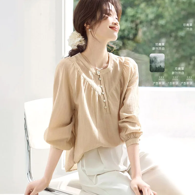 

Women's Clothing Turn-down Collar French Style Long Sleeve Round Collar Shirt Spring New Elegant Slimming Office Wear Top