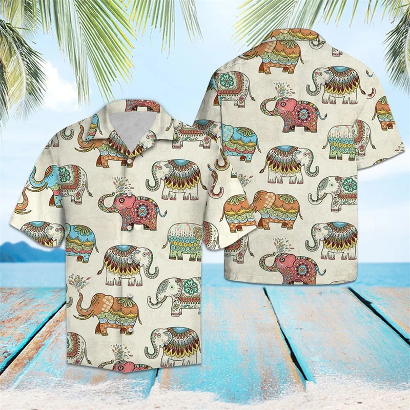 

Summer Casual Elephant Pattern Hawaiian Shirts Loose Fashion Beach Vacation 3D Printed Lapel Shirt Mens Daily Wear Button Blouse