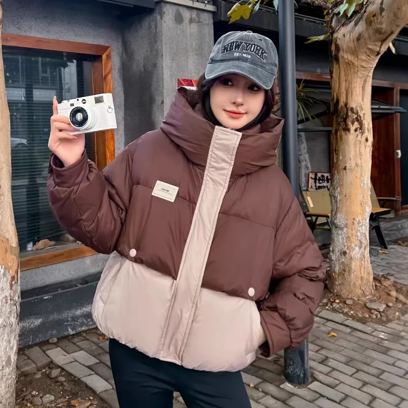 

Короткая лоскутная куртка-пуховик с капюшоном, женская водонепроницаемая толстая верхняя одежда на молнии, женские теплые зимние куртки на белом утином пуху