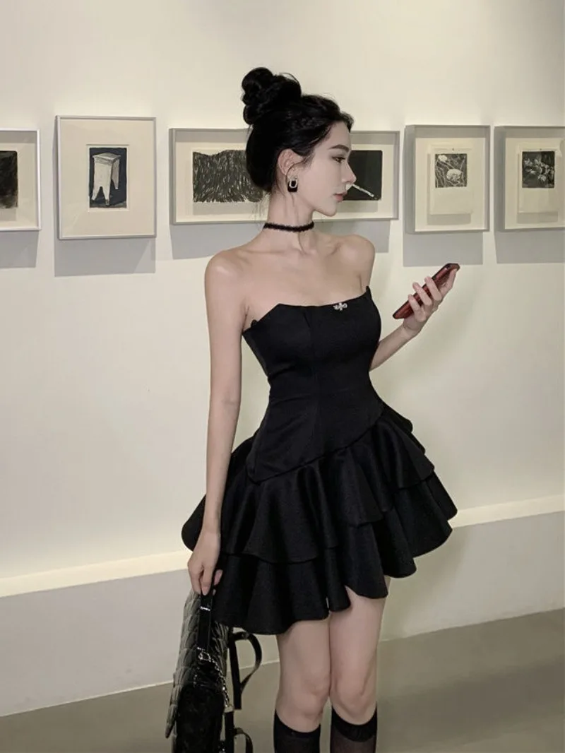 Spicy Girl Fashion Bra Dress Women Ruffle Edge Splice Irregular Collarbone Sleeveless Solid Slim Summer Birthday Princess Wear