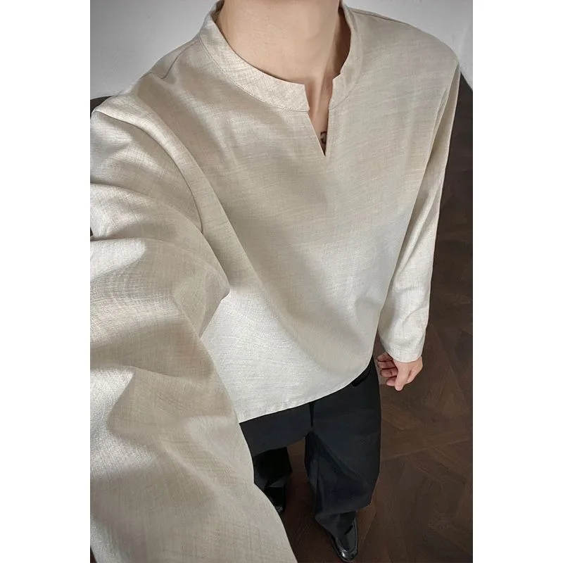 Men Henry Collar Long Sleeve T Shirt Solid Color Loose Casual Basic Inner Wear Autumn Oversized Tops