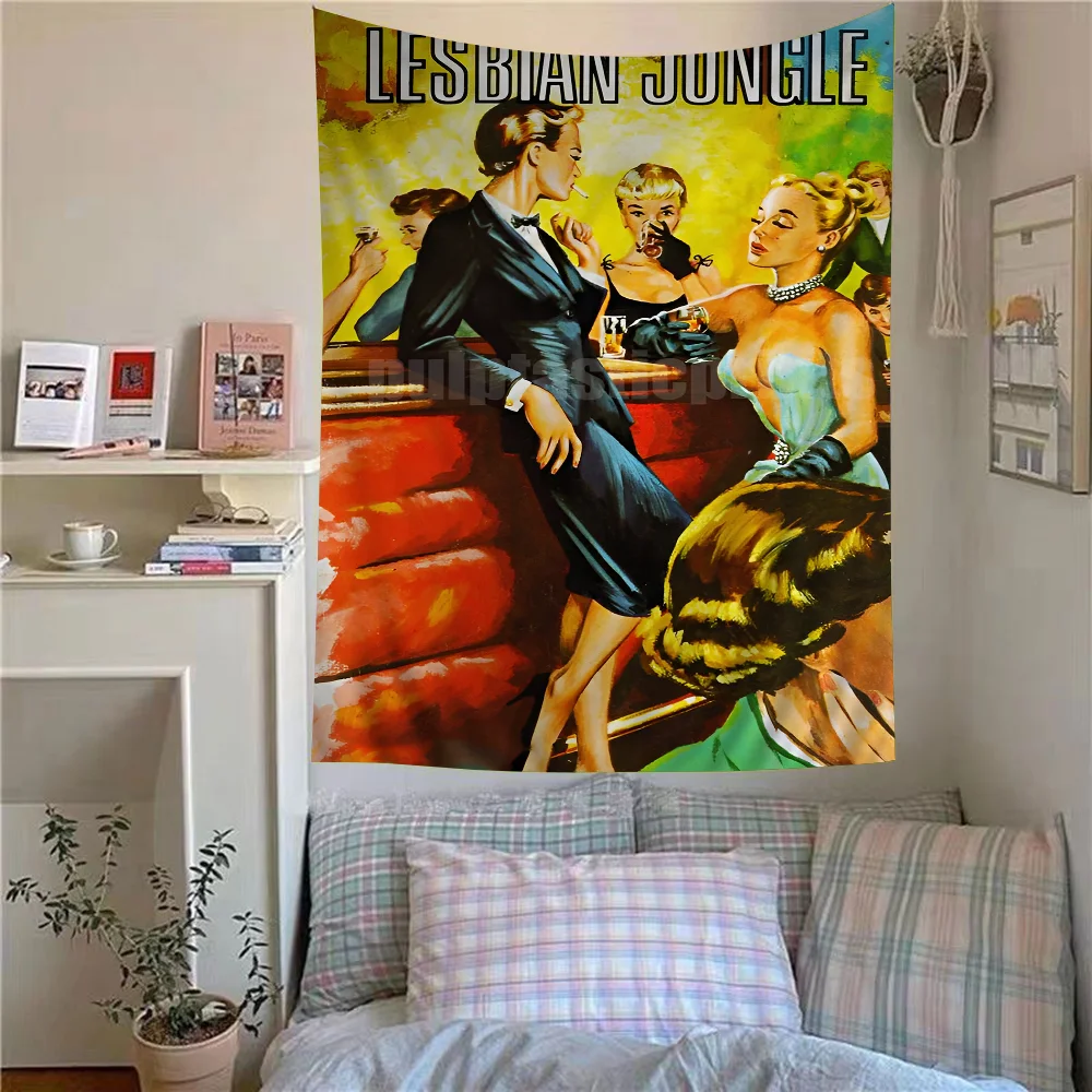 

Lesbian Pulp Fiction Book Cover Art Cartoon Tapestry Art Science Fiction Room Home Decor Wall Hanging Sheets