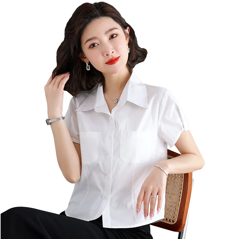 Women'S Summer New Short Sleeved Korean Version Thin And Versatile Pure Cotton Top Stylish And Professional Short Sleeved Shirt