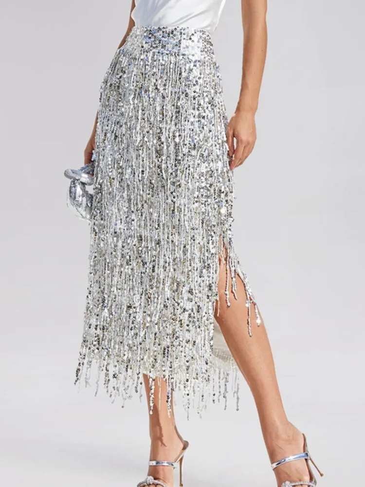 

Модная блестящая юбка-полусолнце с пайетками и бахромой, элегантная однотонная юбка с высокой талией и разрезом, для вечеринок, женская одежда