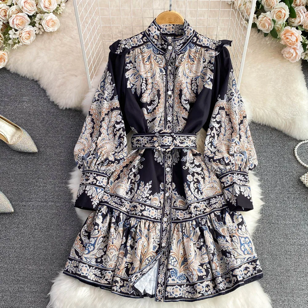 Autumn Vintage Palace Style Standing Neck Lantern Sleeve Ruffle Edge Single Breasted Waist A Line Dress