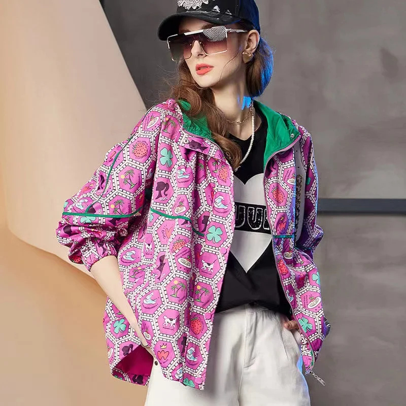 

2026 New Windbreaker Jacket Women's Thin Coat Zipper Hooded Outerwear Loose Female Jackets Streetwear Clothes