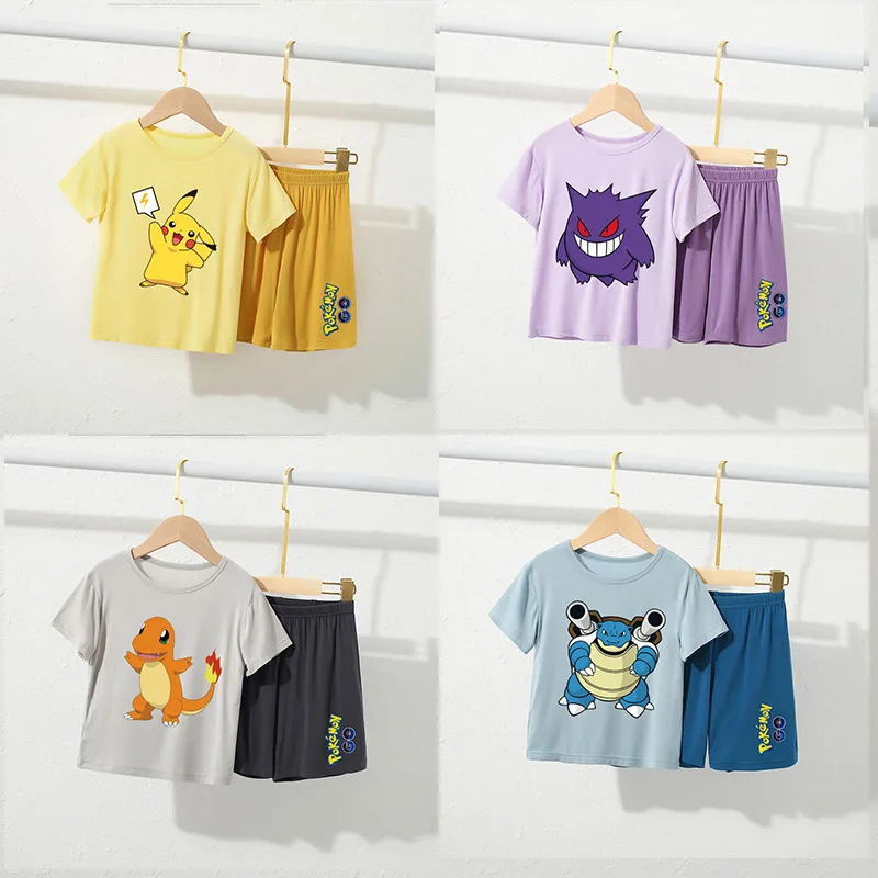 

Anime Cartoon Pokemon Pikachu Charmander Squirtle Children's Home Clothes Pajamas Summer New Casual Suit Parent-Child Clothes