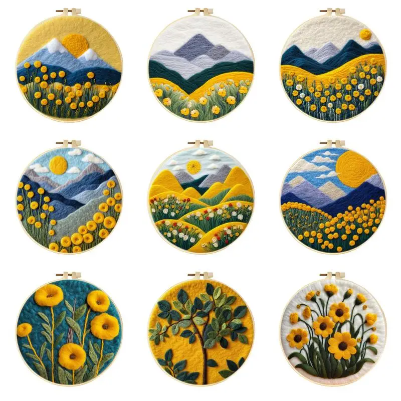 

20x20cm Wool Felting Painting Kit DIY Yellow Flowers Craft Set with Embroidery Hoop, Foam Pad, Felt Fabric, and Instructions