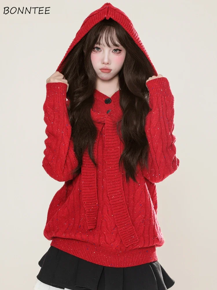 

Hooded Pullovers Women Lazy Knitted Christmas Sweater Autumn Winter Warm Baggy Fashion Ulzzang Soft All-match Chic Sueter Mujer