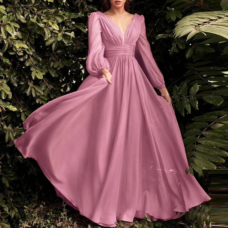 Mode tief v hohe Taille Chiffon Kleid Herbst lässig lang ärmel ige Plissee Party kleid Herbst elegante solide Brautjungfer Kleider