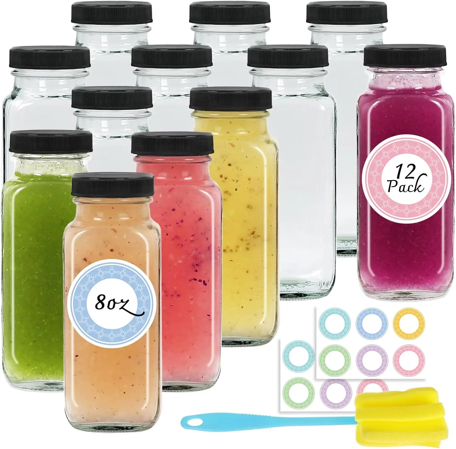 

12 pack 8 oz Glass Juice Bottles with Lids, Reusable Glass Water Bottles, 250 ml Juice Containers Drinking Jars with Brush, D