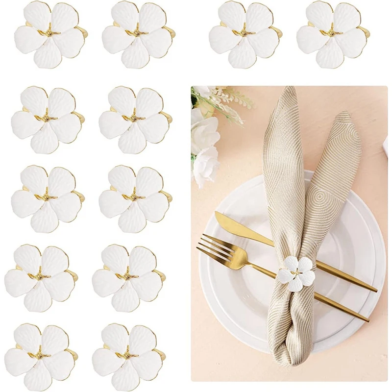 

Napkin Rings ,12 PCS Flowers Napkin Ring Holders Dinner Tables Rings Elegant Ornament Table Setting Decoration ,White-HFIL