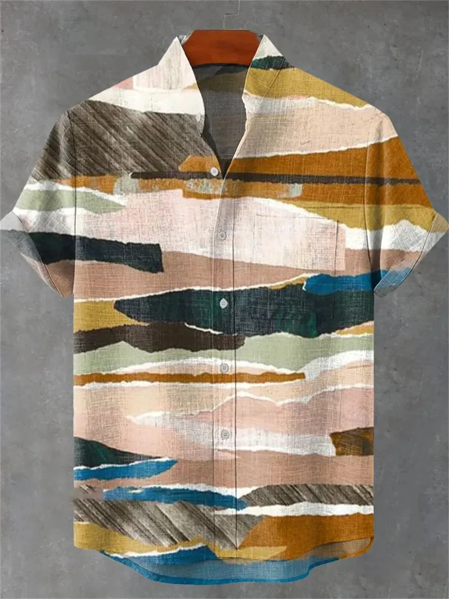 2025 Men's Linen Casual Shirt Fashion Wave Print Harajuku Shirt Summer Festival Party Fashion Hawaiian Shirt Street Men's