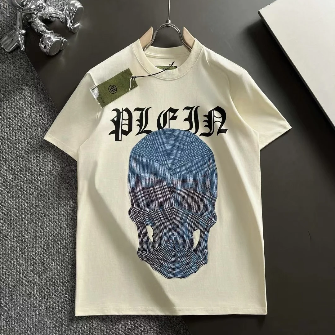 Alex Plein Skulls Rhinestones Crystal Streetwear Men\'s Fashion Clothing Crew Neck 2024 Summer Short Sleeve Couple Cotton Tshirt