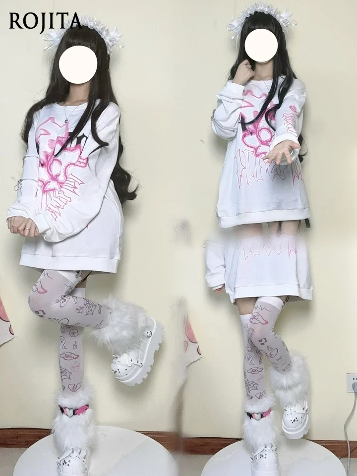 

Cartoon Print Long Sleeve Sweatshirt Women Autumn Cute Subculture Anime Double Zipper Long Sleeve Round Neck Sports Shirt Tops