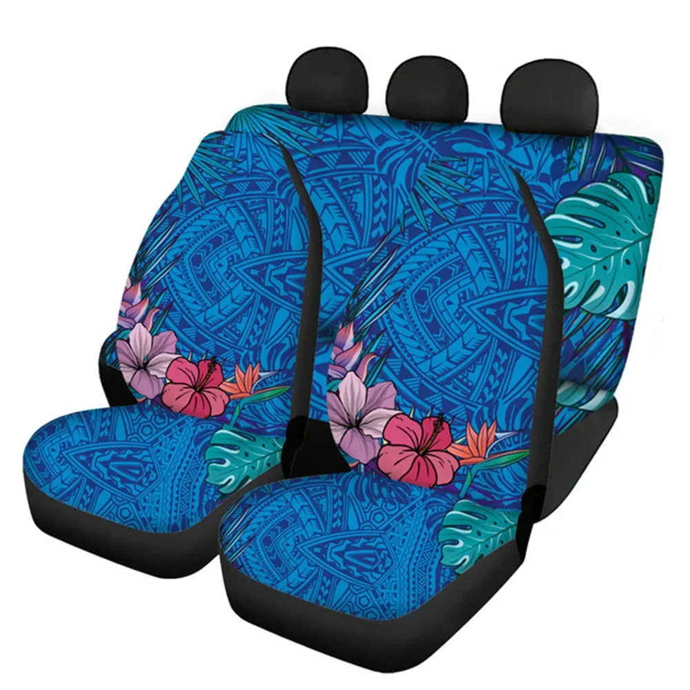 Blue Polynesian Tribal Hawaii Floral Print Front and Back Car Seat Covers for Women Full Set Auto Seat Cover Protector for Women