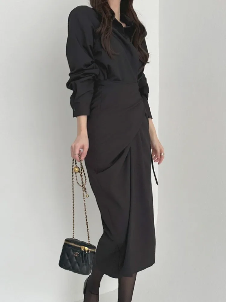 Faionable Long Crossbody Wrap Gürtel Irt Kragen Dr Ele Sle Koreanisches Design Frühling Herbst Saison Damenbekleidung