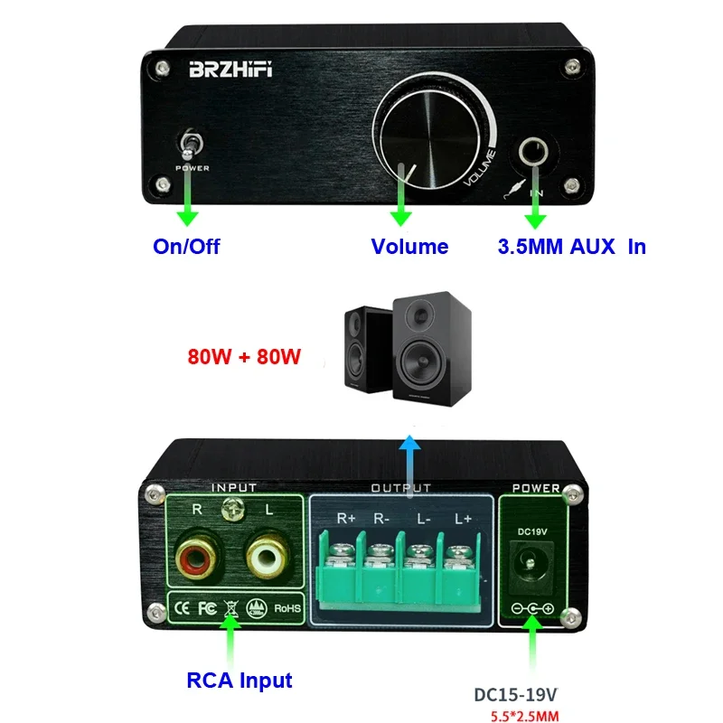 2*80W Infineon MA12070 Digital Audio Power Amp For Speakers 20W~200W HiFi Stereo Amplifier Class D Aux DC15-19V