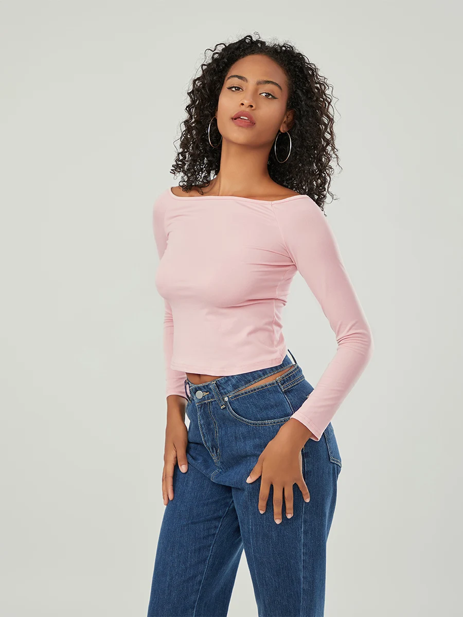 Elegant Women s Off Shoulder Crop Tops with Long Sleeves in Stylish Solid Colors for a  Fit and Dressy Look