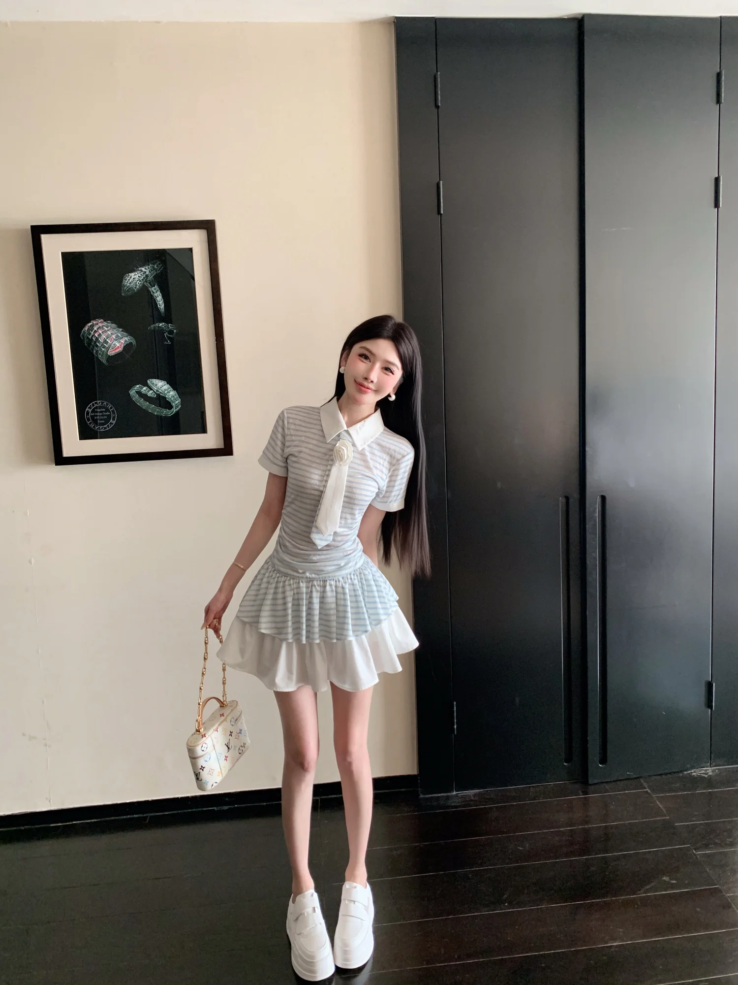 

Mao Ni College Style Plaid Tie Waist Slimming Younger Dress with Shorts French Style Splice mid Waist Polyester Blend Short S...