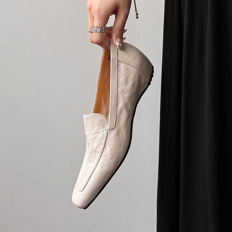Nouvelles chaussures pour femmes en cuir véritable, style mocassins, bout carré, talon épais, chaussures plates à enfiler, douces, pour tous les jours, automne/printemps