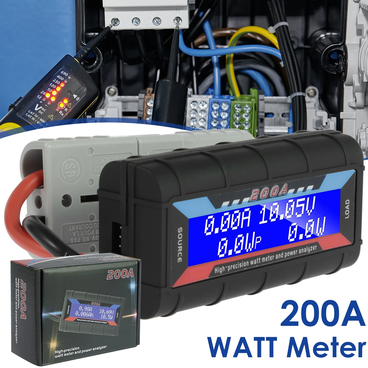 Digital Solar Power Monitor Tester Medidor Profissional do Monitor da Bateria Analisador de Potência Preciso Lcd Volt Amp Watt 200a dc