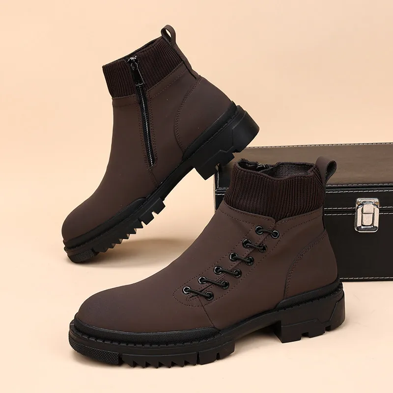 mens fashion party banquet cowboy boots natural leather shoes platform warm cotton winter snow boot ankle botas masculina zapato