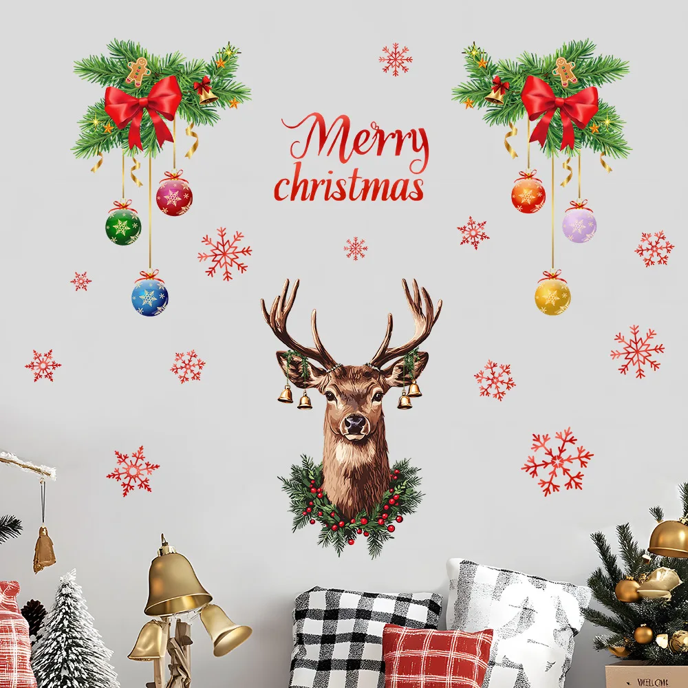 Christmas Snowflake Deer Head Wall Sticker Kids Room Wall Decals Merry Christmas Decorations For Home New Year Stickers