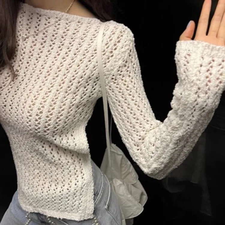 Simple O-neck Hollow Out Knitted Tops Women Y2k Irregular Slim Fit Sweaters Mujer Spring Autumn New Sun Protection Pullovers