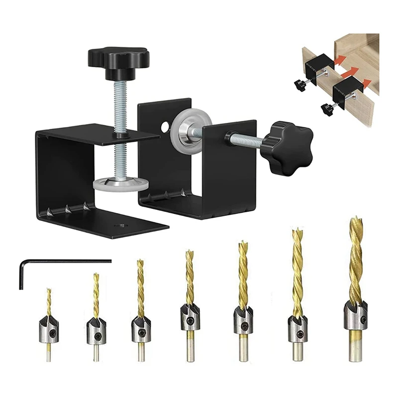 

4Pcs Cabinet Hardware C Clamp Universal Black For Woodworking Cabinet Door Installation Pulls With Countersink Drill Bits Set