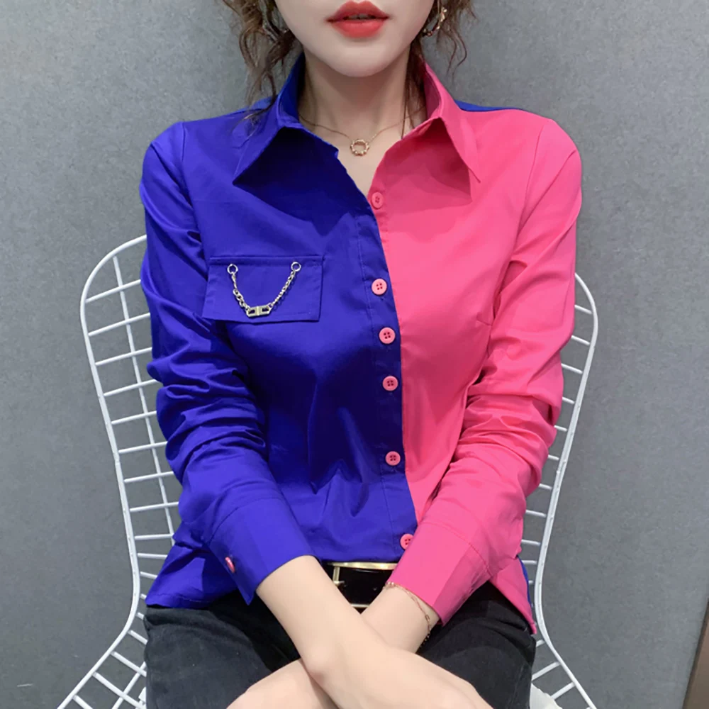 Faionable Kontrastfarbe Kettendruck Slim Fit Long Sve Collar Damen irt Street Sle Trendy Herbst Winter Neu A...