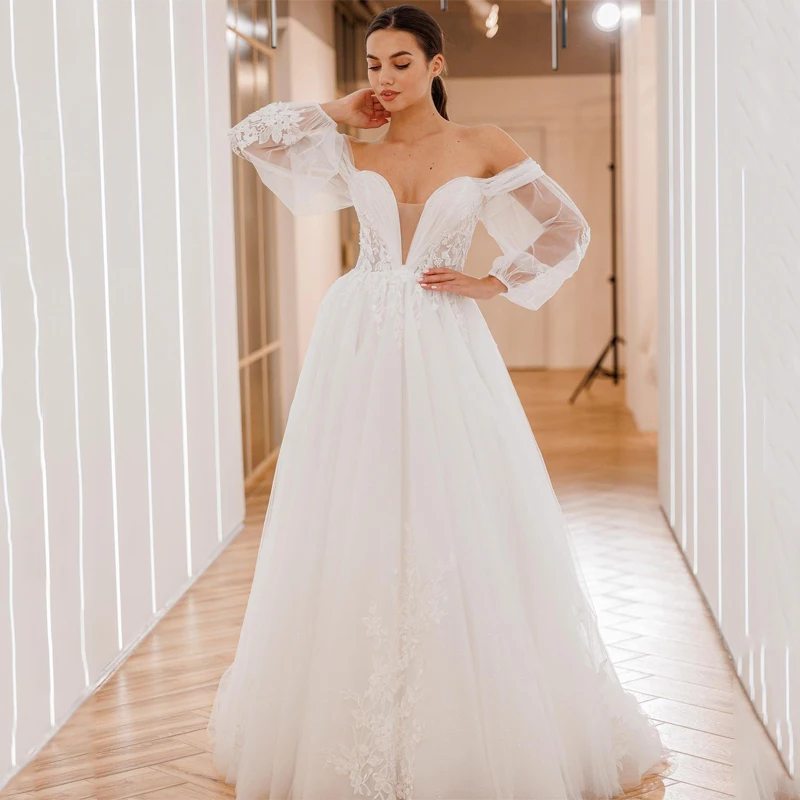 

Eightre Boho Beach Applique Wedding Dresses Off The Shoulder A-Line Bride Dress Puff Sleeve Wedding Evening Prom Gowns Plus Size