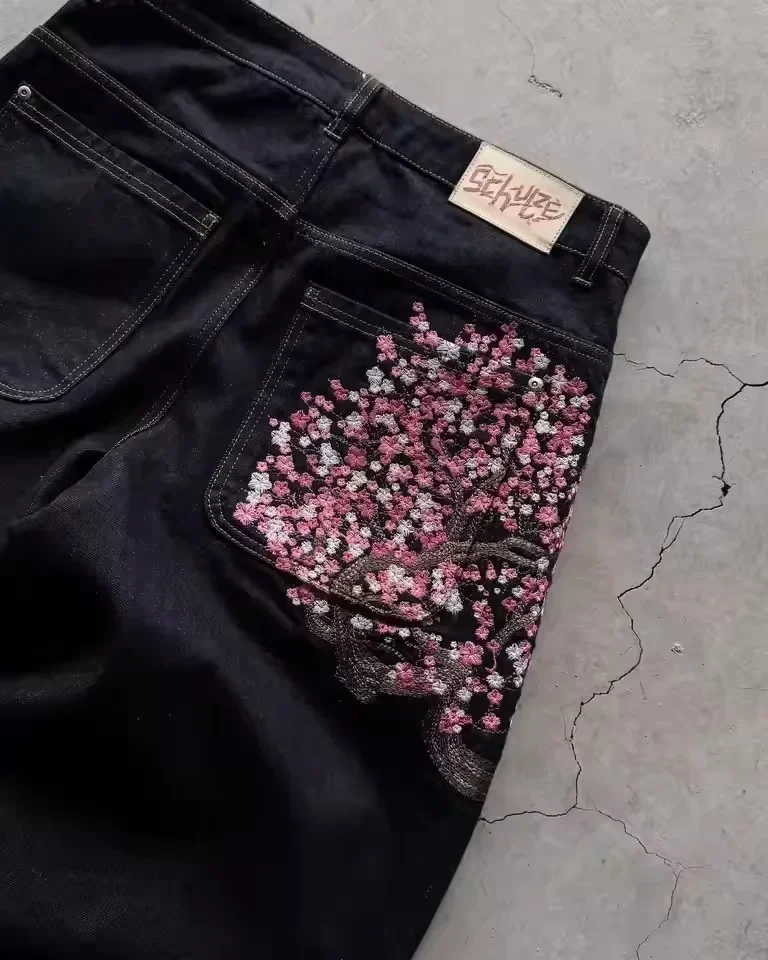 Vintage Low Waist Hip Hop Kirschblüten Bestickte Jeans Weites Bein Hose Y2K Kleidung Herren Damen Bestickte Baggy-Jeans S7884Ea3608A7446Cab6145678Bba96B4T