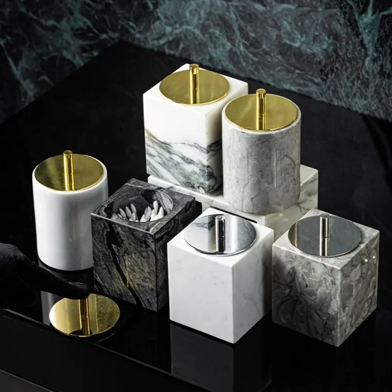 

Nordic Round Square Marble Toothpick Holder Home Hotel Luxury Cotton Swab Toothpick Box Storage Jar Desktop Ornament Home Decor