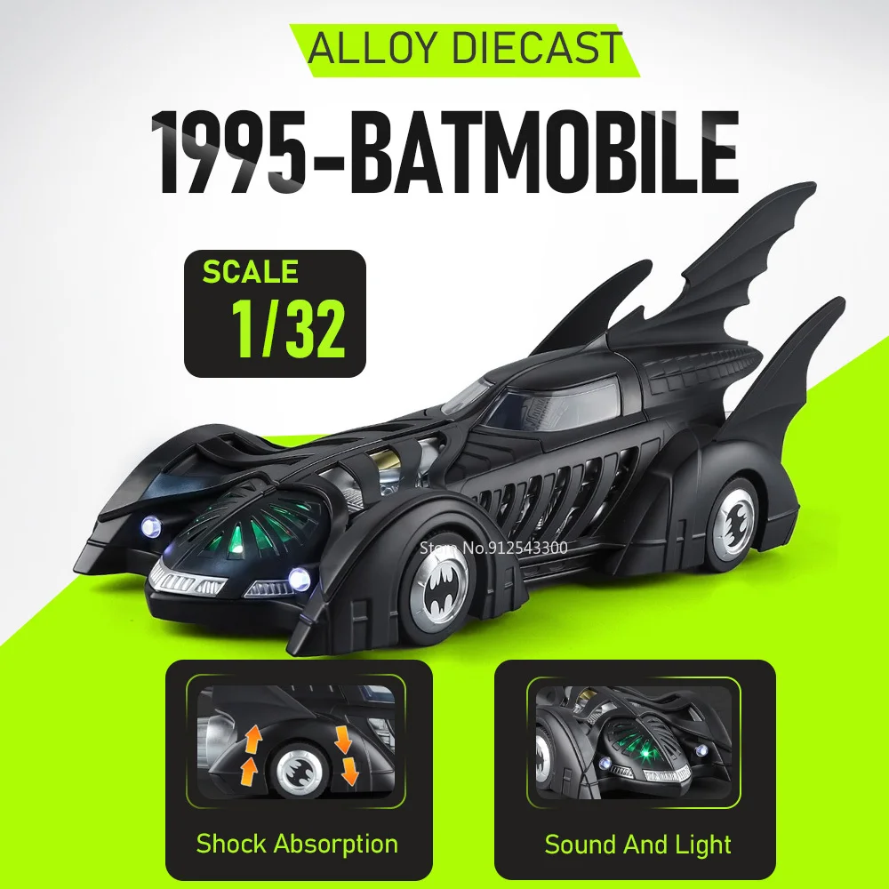 

Машинка Бэтмобиль в масштабе 1:32, модель с подсветкой и звуком, амортизацией, из литого сплава, откатывающаяся машинка, игрушка для детей, подарок на праздник