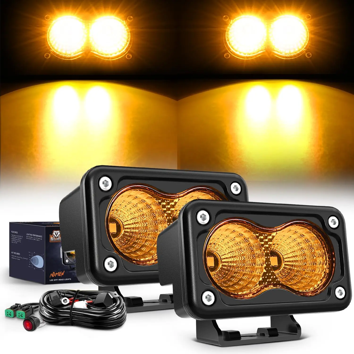 

Motorcycle Amber LED Pods 2 PCS 3 Inch 1070LM Flood Offroad Fog Driving Auxiliary Light w/18AWG DT Wiring Harness Kit for ATV