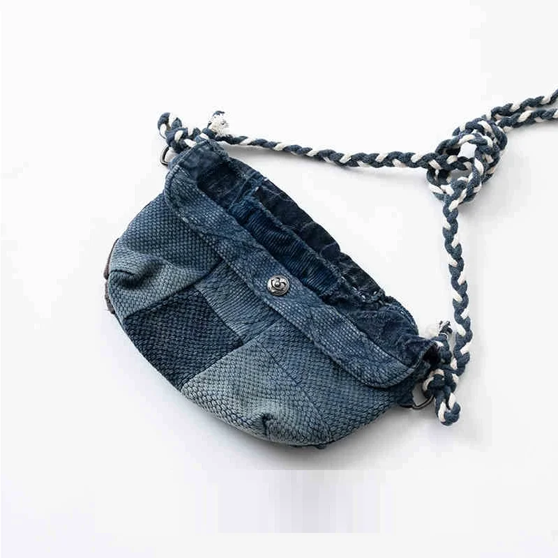 New Retro Indigo Washed Sword Path Fabric Yarn Multi Material Splicing Small Shoulder Crossbody Bag Casual Japanese Bag