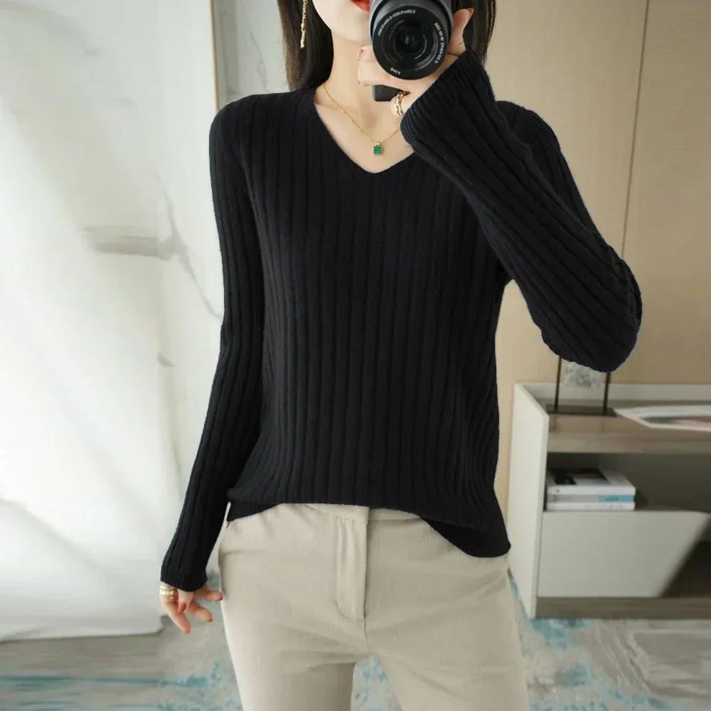 V-neck Long Sleeved Screw Thread T Shirt Womens Full Sleeved Knitwear Sweater Girl Stretch Pullover Shirt Clothes A RAN A YUE