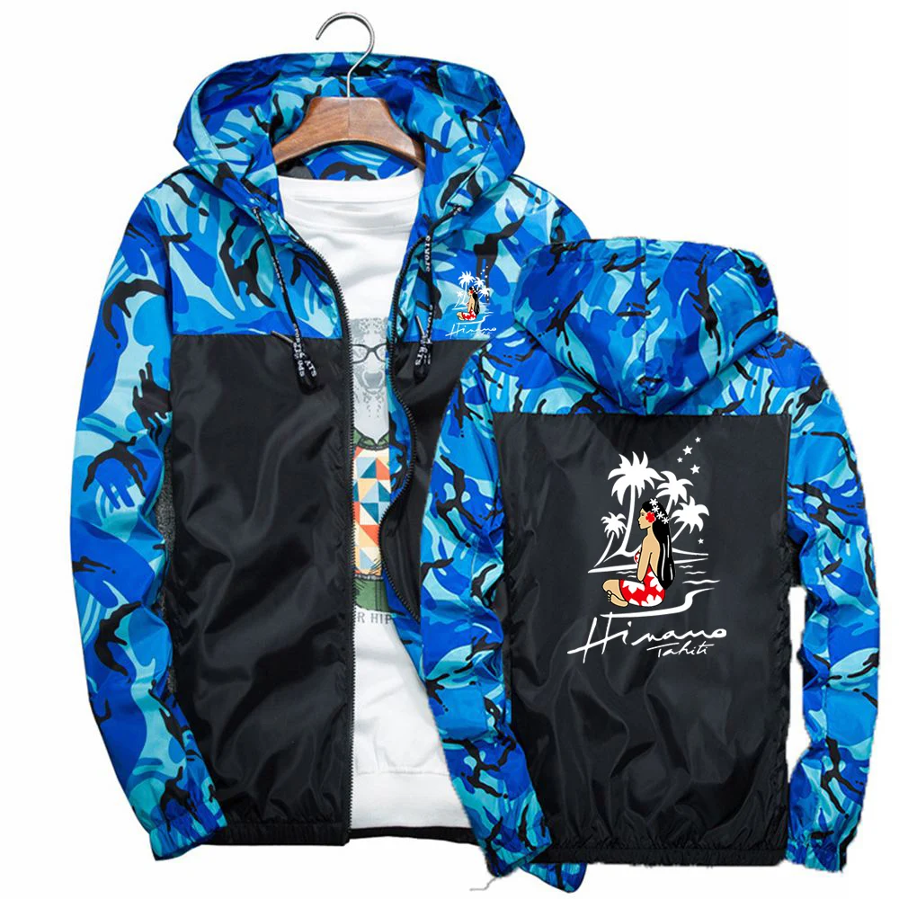 2024 Spring Autumn Men's Hinano Tahiti Beer Logo Print Outdoor Popular Camouflage Patchwork Windproof Zipper Hooded Jacket Coats