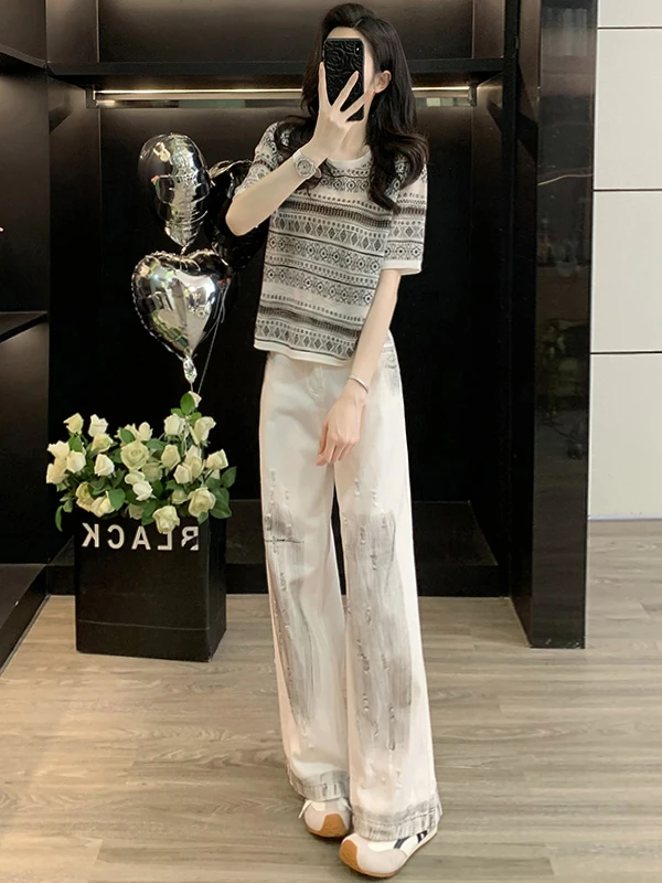 

Fashionable Ice Silk Short Sleeve T-Shirt And Wide Leg Jeans Two-Piece Set for Women Summer 2026 Hong Kong Style Casual Slimming