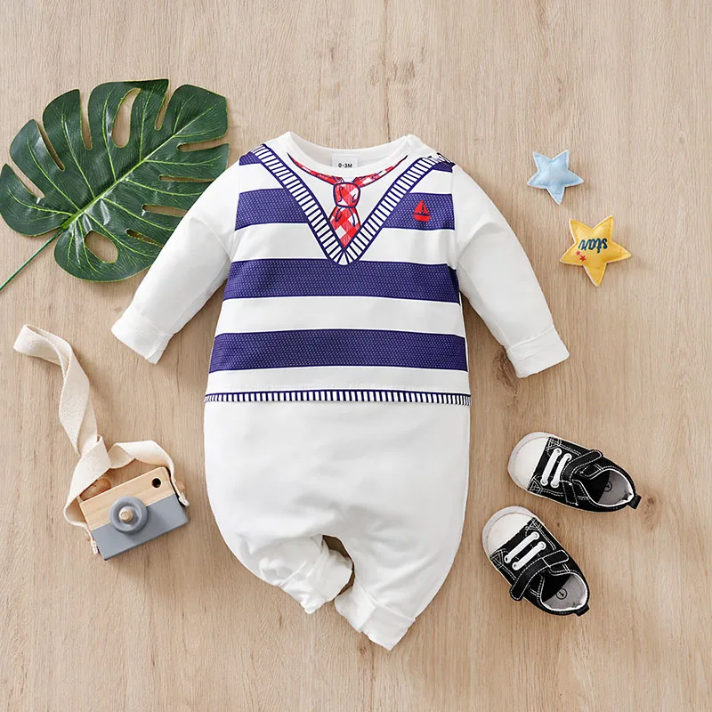 

Spring and Autumn baby clothes 0-18Months Boys and Girls Baby Cute Gentleman Denim Stripes Long-Sleeve Romper 2025 Newborn