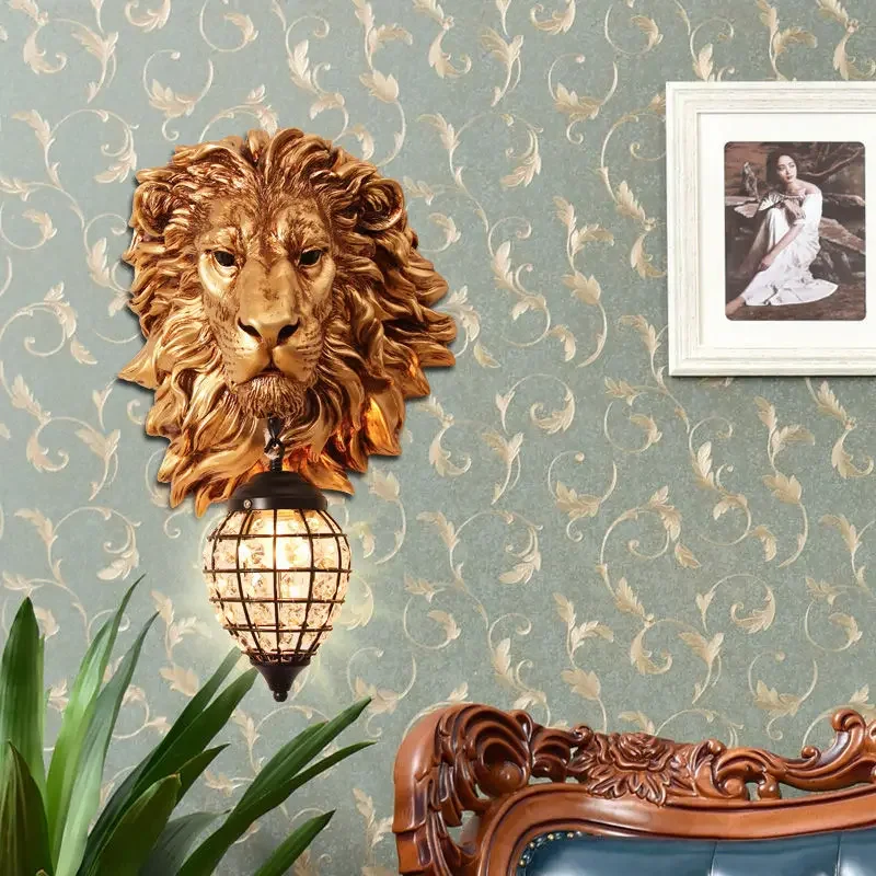 

Lion Head Resin LED Wall Lamp European Style Creative Living Room Light Background Staircase Corridor Hotel Bedside Lights