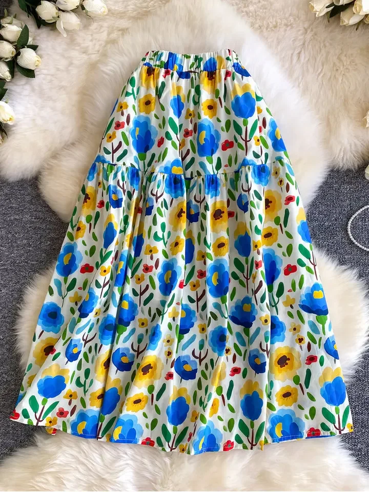 New 2026 Women's 20 Color Floral Pleated A-line Skirt For Spring Summer High-waisted Slimming Elegant Mid-length Skirt