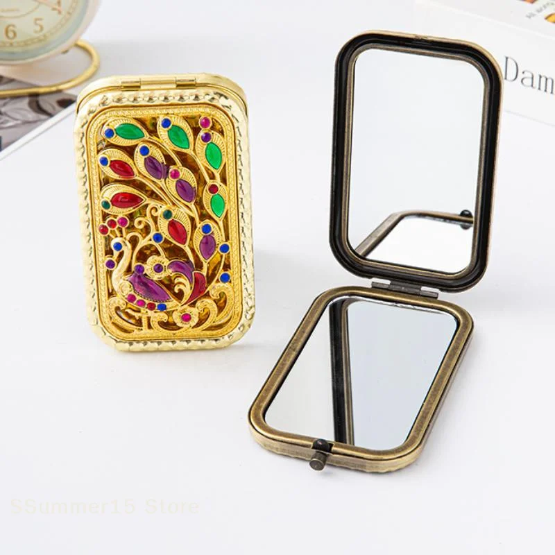 【r】espelho-de-maquiagem-portatil-retro-dobravel-com-estampa-de-pavao-espelho-compacto-de-bolso-dupla-face-retangular-para-maquiagem