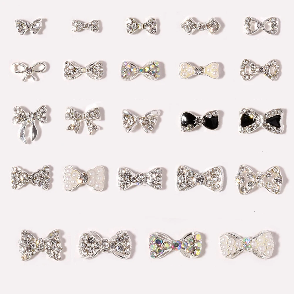 10pcs/bag Glitter Silver Bow Nail Art Charm 3D Crystal Glass Stone Pearl Bowknots Nail Jewelry DIY UV Gel Manicure Accessories