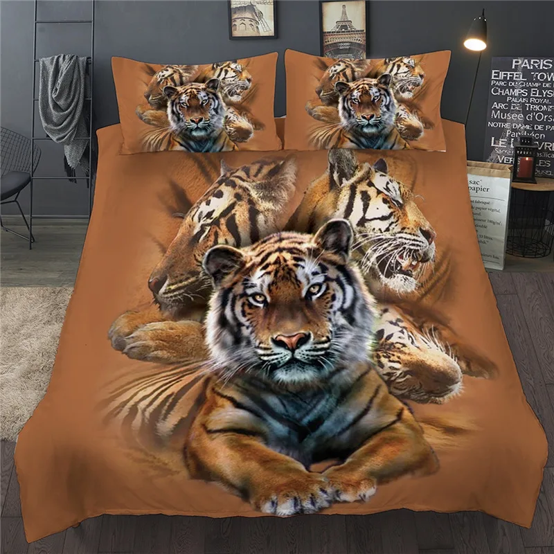 3D Animal Tiger Printed Bedding Set Brown Duvet Quilt Cover Set Single Double Twin Queen King Bed Clothes For Child Kid Adult