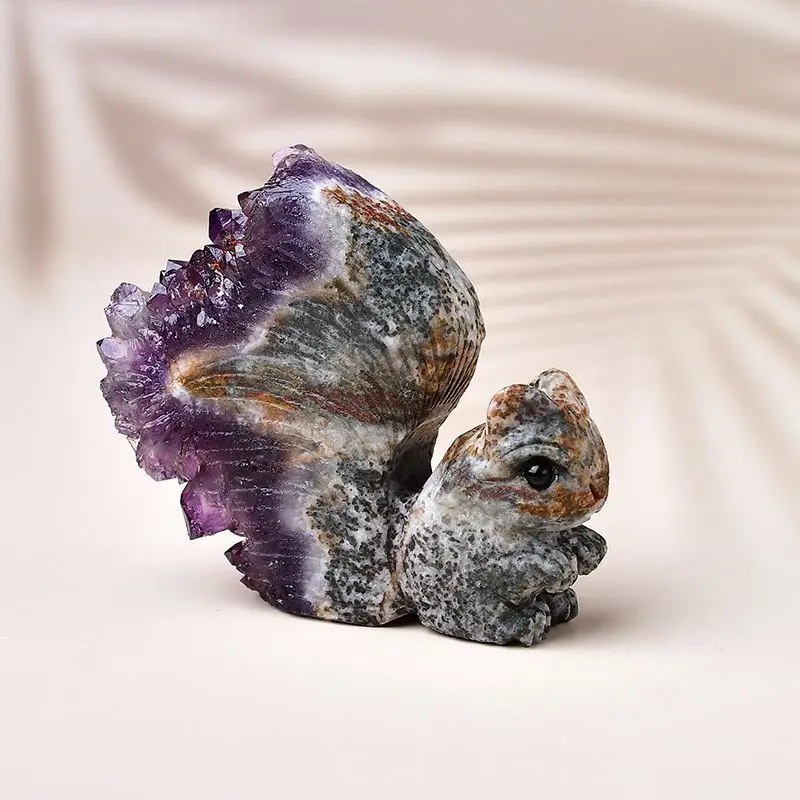 Natural Purple Crystal Stone Squirrel-Shaped Ornament Handmade Decorative Ornament Home Living Room Office Desktop Decor LI732